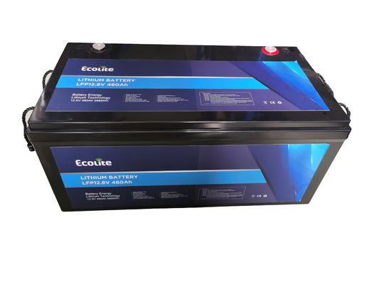 بطارية ليثيوم فوسفات الحديد (LiFePO4) مخصصة وخفيفة الوزن 12.8 فولت 460 أمبير في الساعة للمركبات الترفيهية (RV) مع نظام إدارة البطارية (BMS) مدمج